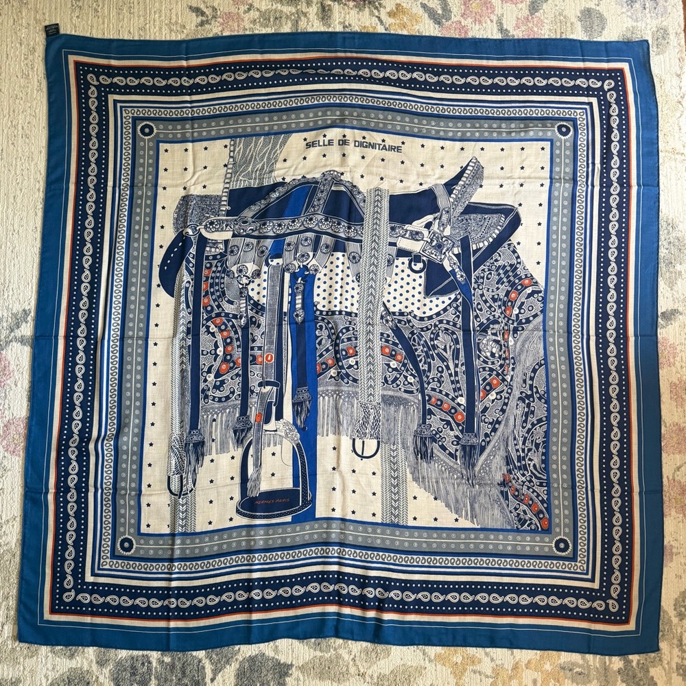 Hermes Silk Scarf in Navy, Cream, Blue with Orange Accents
